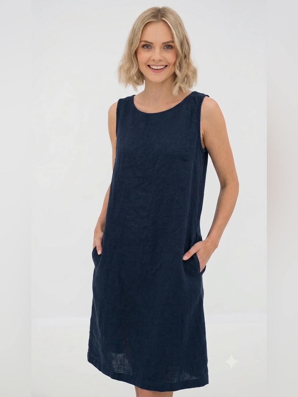 LeMuse 100% Linen Sleeveless Navy Dress Lagenlook Resortwear , Small